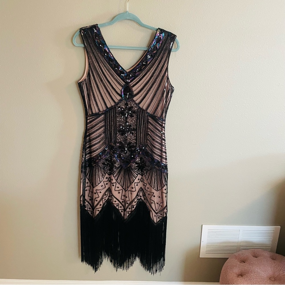 Black and Nude Midi Dress Flapper 1920s